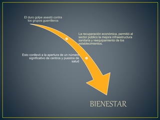El duro golpe asestó contra 
los grupos guerrilleros 
La recuperación económica, permitió al 
sector público la mejora infraestructura 
sanitaria y reequipamiento de los 
establecimientos. 
Esto conllevó a la apertura de un número 
significativo de centros y puestos de 
salud 
BIENESTAR 
 