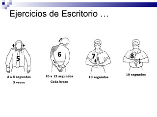 Ejercicios de Escritorio … 3 a 5 segundos 3 veces 10 a 12 segundos Cada brazo 10 segundos 10 segundos 