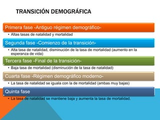 TRANSICIÓN DEMOGRÁFICA
Primera fase -Antiguo régimen demográfico-
• Altas tasas de natalidad y mortalidad
Segunda fase -Comienzo de la transición-
• Alta tasa de natalidad, disminución de la tasa de mortalidad (aumento en la
esperanza de vida)
Tercera fase -Final de la transición-
• Baja tasa de mortalidad (disminución de la tasa de natalidad)
Cuarta fase -Régimen demográfico moderno-
• La tasa de natalidad se iguala con la de mortalidad (ambas muy bajas)
Quinta fase
• La tasa de natalidad se mantiene baja y aumenta la tasa de mortalidad.
 
