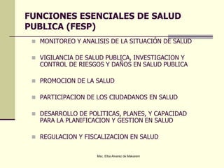 FUNCIONES ESENCIALES DE SALUD
PUBLICA (FESP)
 MONITOREO Y ANALISIS DE LA SITUACIÓN DE SALUD
 VIGILANCIA DE SALUD PUBLICA, INVESTIGACION Y
CONTROL DE RIESGOS Y DAÑOS EN SALUD PUBLICA
 PROMOCION DE LA SALUD
 PARTICIPACION DE LOS CIUDADANOS EN SALUD
 DESARROLLO DE POLITICAS, PLANES, Y CAPACIDAD
PARA LA PLANIFICACION Y GESTION EN SALUD
 REGULACION Y FISCALIZACION EN SALUD
Msc. Elba Alvarez de Makarem
 