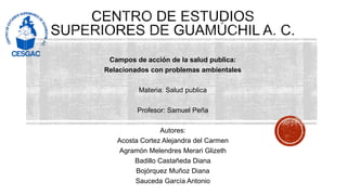 Campos de acción de la salud publica:
Relacionados con problemas ambientales
Materia: Salud publica
Profesor: Samuel Peña
Autores:
Acosta Cortez Alejandra del Carmen
Agramón Melendres Merari Glizeth
Badillo Castañeda Diana
Bojórquez Muñoz Diana
Sauceda García Antonio
 