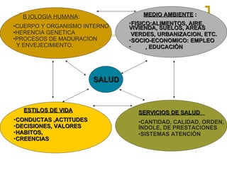 SALUD B IOLOGIA HUMANA : CUERPO Y ORGANISMO INTERNO  HERENCIA GENETICA PROCESOS DE MADURACION Y ENVEJECIMIENTO. MEDIO AMBIENTE  : FISICO:ALIMENTOS, AIRE,  VIVIENDA, SUELOS, AREAS VERDES, URBANIZACION, ETC. SOCIO-ECONOMICO: EMPLEO , EDUCACIÓN ESTILOS DE VIDA CONDUCTAS ,ACTITUDES DECISIONES, VALORES HABITOS,  CREENCIAS SERVICIOS DE SALUD  CANTIDAD, CALIDAD, ORDEN, ÍNDOLE, DE PRESTACIONES SISTEMAS ATENCIÓN 
