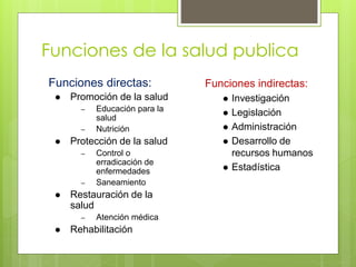 Funciones de la salud publica
Funciones directas:
 Promoción de la salud
– Educación para la
salud
– Nutrición
 Protección de la salud
– Control o
erradicación de
enfermedades
– Saneamiento
 Restauración de la
salud
– Atención médica
 Rehabilitación
Funciones indirectas:
 Investigación
 Legislación
 Administración
 Desarrollo de
recursos humanos
 Estadística
 