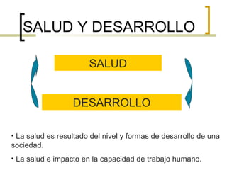 SALUD Y DESARROLLO
SALUD
DESARROLLO
• La salud es resultado del nivel y formas de desarrollo de una
sociedad.
• La salud e impacto en la capacidad de trabajo humano.
 