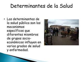 Determinantes de la Salud

• Los determinantes de
  la salud pública son los
  mecanismos
  específicos que
  diferentes miembros
  de grupos socio-
  económicos influyen en
  varios grados de salud
  y enfermedad.
 