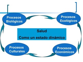Salud
Como un estado dinámico
Procesos
Culturales
Procesos
Económicos
Procesos
Ecológicos
Procesos
Biológicos
 