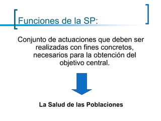Funciones de la SP:
Conjunto de actuaciones que deben ser
realizadas con fines concretos,
necesarios para la obtención del
objetivo central.
La Salud de las Poblaciones
 