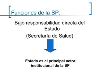 Funciones de la SP:
Bajo responsabilidad directa del
Estado
(Secretaría de Salud)
Estado es el principal actor
institucional de la SP
 