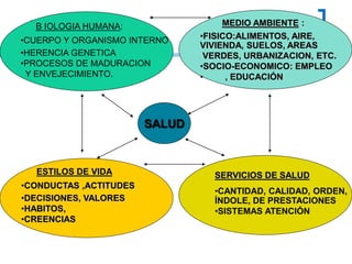 SALUD
B IOLOGIA HUMANA:
•CUERPO Y ORGANISMO INTERNO
•HERENCIA GENETICA
•PROCESOS DE MADURACION
Y ENVEJECIMIENTO.
MEDIO AMBIENTE :
•FISICO:ALIMENTOS, AIRE,
VIVIENDA, SUELOS, AREAS
VERDES, URBANIZACION, ETC.
•SOCIO-ECONOMICO: EMPLEO
• , EDUCACIÓN
ESTILOS DE VIDA
•CONDUCTAS ,ACTITUDES
•DECISIONES, VALORES
•HABITOS,
•CREENCIAS
SERVICIOS DE SALUD
•CANTIDAD, CALIDAD, ORDEN,
ÍNDOLE, DE PRESTACIONES
•SISTEMAS ATENCIÓN
 
