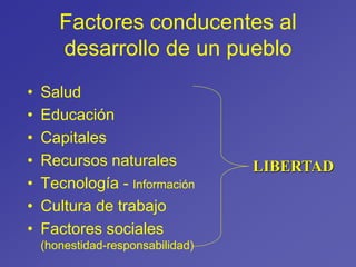 Factores conducentes al
desarrollo de un pueblo
• Salud
• Educación
• Capitales
• Recursos naturales
• Tecnología - Información
• Cultura de trabajo
• Factores sociales
(honestidad-responsabilidad)
LIBERTAD
 
