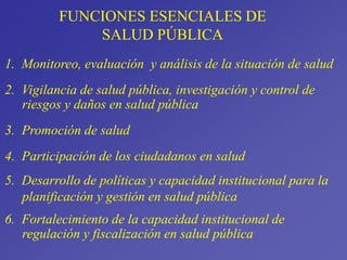 FUNCIONES ESENCIALES DE
SALUD PÚBLICA
1. Monitoreo, evaluación y análisis de la situación de salud
2. Vigilancia de salud pública, investigación y control de
riesgos y daños en salud pública
3. Promoción de salud
4. Participación de los ciudadanos en salud
5. Desarrollo de políticas y capacidad institucional para la
planificación y gestión en salud pública
6. Fortalecimiento de la capacidad institucional de
regulación y fiscalización en salud pública
 