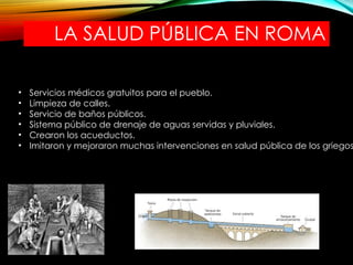 LA SALUD PÚBLICA EN ROMA
• Servicios médicos gratuitos para el pueblo.
• Limpieza de calles.
• Servicio de baños públicos.
• Sistema público de drenaje de aguas servidas y pluviales.
• Crearon los acueductos.
• Imitaron y mejoraron muchas intervenciones en salud pública de los griegos
 