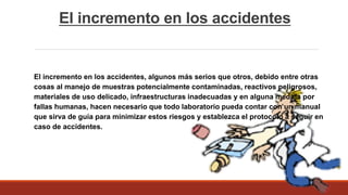 El incremento en los accidentes
El incremento en los accidentes, algunos más serios que otros, debido entre otras
cosas al manejo de muestras potencialmente contaminadas, reactivos peligrosos,
materiales de uso delicado, infraestructuras inadecuadas y en alguna medida por
fallas humanas, hacen necesario que todo laboratorio pueda contar con un manual
que sirva de guía para minimizar estos riesgos y establezca el protocolo a seguir en
caso de accidentes.
 