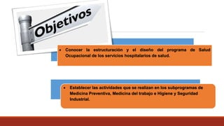  Conocer la estructuración y el diseño del programa de Salud
Ocupacional de los servicios hospitalarios de salud.
 Establecer las actividades que se realizan en los subprogramas de
Medicina Preventiva, Medicina del trabajo e Higiene y Seguridad
Industrial.
 