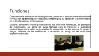 Funciones
Colaborar en la evaluación de investigaciones, proyectos o estudios sobre el monitoreo
y evaluación epidemiológica y inestabilidad laboral para su aplicación y recomendación
en el ámbito nacional e internacional.
Elaborar, actualizar y validar periódicamente los protocolos normativos, los protocolos
de investigación, así como las guías técnicas para el monitoreo y evaluación
epidemiológica de la salud según niveles de intervención de los factores de riesgo y
riesgos laborales de las condiciones y ambientes de trabajo en las actividades
económicas del país.
 