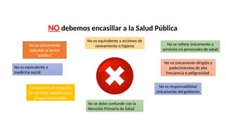NO debemos encasillar a la Salud Pública
No es responsabilidad
únicamente del gobierno
No es únicamente
aplicable al sector
“público”
No se refiere únicamente a
servicios no personales de salud
No va únicamente dirigida a
padecimientos de alta
frecuencia o peligrosidad
Tampoco es un conjunto
de servicios aislados para
grupos vulnerables
No se debe confundir con la
Atención Primaria de Salud
No es equivalente a acciones de
saneamiento o higiene
No es equivalente a
medicina social
 