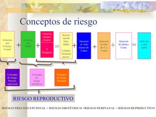 Conceptos de riesgo Atencion pre Concep- Cional Atencion pre Natall Recién nacido  Salu- Dable Cuidado  Neonatal precoz  Atencion al  niño menor de  5 años Atencion al niño  de 5  a 9 años Atencion Al adoles- Cente Individuo salu- dable + + + + = + = Concepto de riesgo  Precon-cepcional Concepto de  riesgo  obstétrico Concepto de riesgo  Perinatal RIESGO REPRODUCTIVO RIESGO PRECONCEPCIONAL + RIESGO OBSTÉTRICO +RIESGO PERINATAL = RIESGO REPRIDUCTIVO Atencion durante  el parto  Y Puerperio 