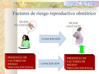 Factores de riesgo reproductivo obstétrico MUJER  NO GESTANTE MUJER  GESTANTE CONCEPCIÓN PRESENCIA DE  FACTORES DE  RIESGO  PRECONCEPCIONAL CONCEPCIÓN PRESENCIA DE  FACTORES DE  RIESGO  PRECONCEPCIONAL 