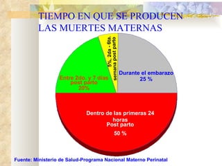 TIEMPO EN QUE SE PRODUCEN LAS MUERTES MATERNAS Dentro de las primeras 24 horas Post parto 50 % Durante el embarazo 25 % Entre 2do. y 7 días post parto 20% 5%, 2da - 6ta. semana post parto Fuente: Ministerio de Salud-Programa Nacional Materno Perinatal 
