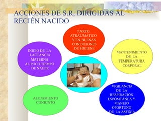ACCIONES DE S.R, DIRIGIDAS AL RECIÉN NACIDO MANTENIMIENTO  DE  LA  TEMPERATURA  CORPORAL PARTO  ATRAUMÁTICO  Y EN BUENAS CONDICIONES DE HIGIENE INICIO DE  LA LACTANCIA MATERNA  AL POCO TIEMPO DE NACER ALOJAMIENTO  CONJUNTO VIGILANCIA  DE  LA  RESPIRACIÓN  ESPÓMTÁNEA Y  MANEJO  OPORTUNO  DE  LA ASFIXIA 