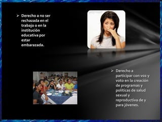  Derecho a no ser
  rechazada en el
  trabajo o en la
  institución
  educativa por
  estar
  embarazada.




                      Derecho a
                       participar con voz y
                       voto en la creación
                       de programas y
                       políticas de salud
                       sexual y
                       reproductiva de y
                       para jóvenes.
 