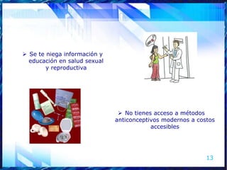  Se te niega información y
  educación en salud sexual
        y reproductiva




                                No tienes acceso a métodos
                              anticonceptivos modernos a costos
                                          accesibles




                                                            13
 