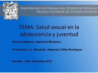 TEMA: Salud sexual en la
adolescencia y juventud
Área Académica: Ingeniería Mecánica
Profesor(a): Lic. Marybeth Alejandra Téllez Rodríguez
Periodo: Julio- Diciembre 2016
 