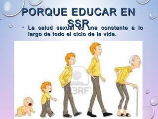 PORQUE EDUCAR ENPORQUE EDUCAR EN
SSRSSR• La salud sexual es una constante a loLa salud sexual es una constante a lo
largo de todo el ciclo de la vida.largo de todo el ciclo de la vida.
 