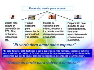 Paciencia, vale la pena esperar.
Opción más
segura en
prevención de
ETS, Sida,
embarazos
indeseados,
etc.
Tiempo
necesario
para
desarrollar la
personalidad
y el carácter.
Manera de
valorarse a uno
mismo, respetar a
los demás y ser fiel
desde siempre a un
único amor.
Preparación para
disfrutar de una
sexualidad plena,
libre y sin
remordimientos de
conciencia en el
matrimonio.
"El verdadero amor sabe esperar"
“El acto del amor está destinado a ser la experiencia más hermosa, sagrada y sublime,
pero si ese acto se realiza de forma irresponsable se puede convertir en una lamentable
experiencia que puede causar grandes frustraciones, desengaños y sufrimientos”.
“Nunca es tarde para volver a empezar”
 