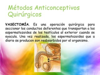 VASECTOMÍA. Es una operación quirúrgica para
seccionar los conductos deferentes que transportan a los
espermatozoides de los testículos al exterior cuando se
eyacula. Una vez realizada, los espermatozoides que a
diario se producen son reabsorbidos por el organismo.
Métodos Anticonceptivos
Quirúrgicos
 