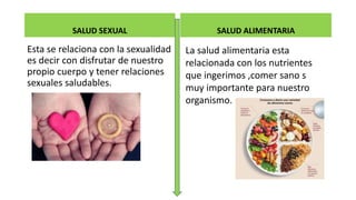 SALUD SEXUAL
Esta se relaciona con la sexualidad
es decir con disfrutar de nuestro
propio cuerpo y tener relaciones
sexuales saludables.
SALUD ALIMENTARIA
La salud alimentaria esta
relacionada con los nutrientes
que ingerimos ,comer sano s
muy importante para nuestro
organismo.
 