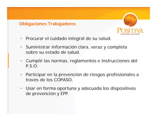 Obligaciones Trabajadores


• Procurar el cuidado integral de su salud.
• Suministrar información clara, veraz y completa
  sobre su estado de salud.
• Cumplir las normas, reglamentos e instrucciones del
  P.S.O.
• Participar en la prevención de riesgos profesionales a
  través de los COPASO.
• Usar en forma oportuna y adecuada los dispositivos
  de prevención y EPP.
 