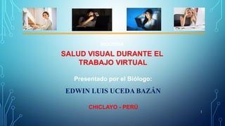 BIOLOGÍA
SALUD VISUAL DURANTE EL
TRABAJO VIRTUAL
1
Presentado por el Biólogo:
EDWIN LUIS UCEDA BAZÁN
CHICLAYO - PERÚ
 
