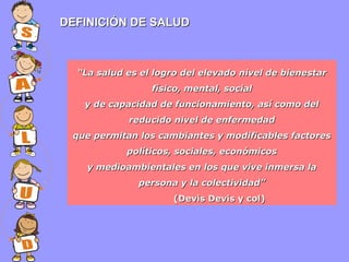 DEFINICIÓN DE SALUD

“La salud es el logro del elevado nivel de bienestar
físico, mental, social
y de capacidad de funcionamiento, así como del
reducido nivel de enfermedad
que permitan los cambiantes y modificables factores
políticos, sociales, económicos
y medioambientales en los que vive inmersa la
persona y la colectividad”
(Devis Devis y col)

 
