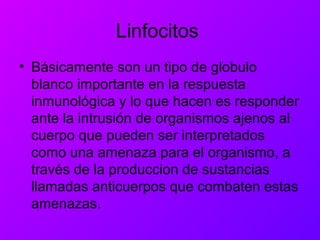Linfocitos
• Básicamente son un tipo de globulo
blanco importante en la respuesta
inmunológica y lo que hacen es responder
ante la intrusión de organismos ajenos al
cuerpo que pueden ser interpretados
como una amenaza para el organismo, a
través de la produccion de sustancias
llamadas anticuerpos que combaten estas
amenazas.
 