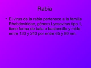 Rabia
• El virus de la rabia pertenece a la familia
Rhabdoviridae, género Lyssavirus tipo 1,
tiene forma de bala o bastoncillo y mide
entre 130 y 240 por entre 65 y 80 nm.
 