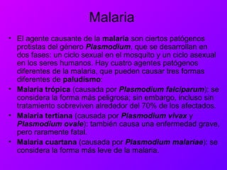 Malaria
• El agente causante de la malaria son ciertos patógenos
protistas del género Plasmodium, que se desarrollan en
dos fases: un ciclo sexual en el mosquito y un ciclo asexual
en los seres humanos. Hay cuatro agentes patógenos
diferentes de la malaria, que pueden causar tres formas
diferentes de paludismo:
• Malaria trópica (causada por Plasmodium falciparum): se
considera la forma más peligrosa; sin embargo, incluso sin
tratamiento sobreviven alrededor del 70% de los afectados.
• Malaria tertiana (causada por Plasmodium vivax y
Plasmodium ovale): también causa una enfermedad grave,
pero raramente fatal.
• Malaria cuartana (causada por Plasmodium malariae): se
considera la forma más leve de la malaria.
 