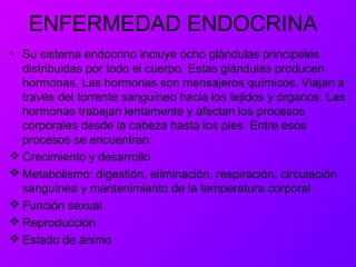 ENFERMEDAD ENDOCRINA
• Su sistema endocrino incluye ocho glándulas principales
distribuidas por todo el cuerpo. Estas glándulas producen
hormonas. Las hormonas son mensajeros químicos. Viajan a
través del torrente sanguíneo hacia los tejidos y órganos. Las
hormonas trabajan lentamente y afectan los procesos
corporales desde la cabeza hasta los pies. Entre esos
procesos se encuentran:
 Crecimiento y desarrollo
 Metabolismo: digestión, eliminación, respiración, circulación
sanguínea y mantenimiento de la temperatura corporal
 Función sexual
 Reproducción
 Estado de ánimo
 