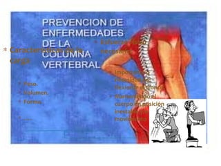 ∗ Esfuerzo físico
∗ Características de la     necesario:
  carga
                              ∗ Importante o
                                necesidad de
    ∗ Peso.
                                flexionar el tronco.
    ∗ Volumen.
                              ∗ Manteniendo el
    ∗ Forma.                    cuerpo en posición
                                inestable y/o
    ∗ ….                        movimiento
 