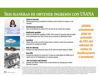 Seis maneras de obtener ingresos con uSana
                                 Ventas al menudeo
                      1          Obtenga ganancias por concepto de la diferencia entre el precio de mayoreo y el de
                                 menudeo.
                                                                                                                                                                                         ¡USANA
                      2          Bonificaciones semanales
                                 Gane una bonificación de hasta el 20% del volumen de compras de su equipo.
                                                                                                                                                                                      actualmente
                                 Bonificación igualable
                                                                                                                                                                                         paga un
                      3          Reciba una bonificación igualable de hasta 100% durante 32 semanas sobre las ventas
                                 de los Distribuidores que usted inscriba que se conviertan en Motivadores Platino.
                                                                                                                                                                                        promedio
                                 Incentivos
                      4          Reciba viajes de lujo, premios e incluso dinero en efectivo a través de los generosos                                                                 de 53% del
                                 programas de incentivos de USANA.
                                                                                                                                                                                      volumen de
                      5
                                 Bono de Liderazgo
                                 Participe en la bolsa semanal de bonos del 3% sobre las ventas totales de USANA.                                                                       ventas en
                                 Bono Élite                                                                                                                                          bonificaciones
                      6          Aumente sus ingresos con el bono del 1% sobre las ventas totales de USANA que se
                                 reparte entre los 25 Distribuidores con mayores ingresos.                                                                                            e incentivos!
                                 “Pon tus Sueños sobre Ruedas”
                                 Exclusivo para México. Obtener autos a través del Bono de Liderazgo para Líderes
                                 Diamante y superior.
                      El ingreso anual promedio de un Distribuidor USANA establecido que trabaja tiempo completo (Líder Oro y superior) es de $91,800 dólares. El ingreso anual promedio para Distribuidores que recibieron sólo un
                      cheque mensual por concepto de bonificaciones es de $23,255 dólares. Los estudios demuestran que 83% de todos los Distribuidores declaran ellos mismos haberse unido a USANA para “mejorar su salud”. De los
                      restantes, 21% recibió un cheque al menos una vez al mes, aunque 56% informó no haberse unido a USANA “buscando un reemplazo a sus ingresos por su trabajo de tiempo completo”. De los Distribuidores que
                      sí lo buscaban, 41% han sido Distribuidores por al menos un año y 56% se considera Distribuidor de tiempo completo con el título de Líder Oro o superior. Estas cifras no deben considerarse como una garantía o

23 Salud y Libertad   una proyección de sus ingresos o ganancias reales. El éxito en USANA es sólo resultado del esfuerzo de ventas, lo cual requiere trabajar arduamente, ser diligente y conducirse con liderazgo. Si se considera a todos
                      los 126,146 individuos que tienen el título de Distribuidor—lo que incluye a Distribuidores que no están construyendo su negocio activamente (que actúan como compradores mayoristas), Distribuidores que se
                      acaban de inscribir (con hasta un día de antigüedad) y aquellos que están comenzando a construir su base de clientes—aun así el ingreso anual promedio es de $734.27 dólares americanos.
 