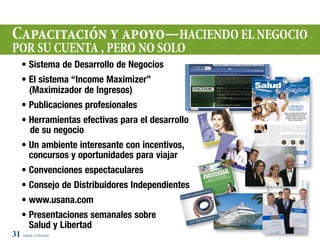 Capacitación y apoyo—HaCiEndO EL nEGOCiO
POR Su CuEnTa , PERO nO SOLO
    • Sistema de Desarrollo de Negocios
    • El sistema “Income Maximizer”
      (Maximizador de Ingresos)
    • Publicaciones profesionales
    • Herramientas efectivas para el desarrollo
      de su negocio
    • Un ambiente interesante con incentivos,
      concursos y oportunidades para viajar
    • Convenciones espectaculares
    • Consejo de Distribuidores Independientes
    • www.usana.com
    • Presentaciones semanales sobre
      Salud y Libertad
31 Salud y Libertad
 