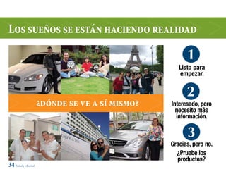 Los sueños se están haciendo realidad

                                                       1
                                                    Listo para
                                                    empezar.


                                                       2
                      ¿dónde se ve a sí mismo?   Interesado, pero
                                                   necesito más
                                                   información.

                                                       3
                                                 Gracias, pero no.
                                                   ¿Pruebe los
                                                   productos?
34 Salud y Libertad
 