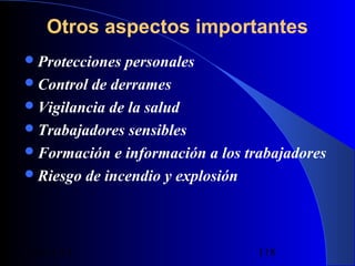 Otros aspectos importantes
 Protecciones

personales
 Control de derrames
 Vigilancia de la salud
 Trabajadores sensibles
 Formación e información a los trabajadores
 Riesgo de incendio y explosión

29/11/13

118

 