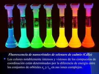 

Fluorescencia de nanocristales de selenuro de cadmio (CdSe)
Los colores notablemente intensos y vistosos de los compuestos de
coordinación están determinados por la diferencia de energía entre
los conjuntos de orbitales eg y t2g en sus iones complejos.
29/11/13
15

 