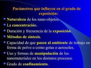 Parámetros que influyen en el grado de
exposición:
 Naturaleza de los nano-objetos.
 La concentración.
 Duración y frecuencia de la exposición.
 Métodos de síntesis.
 Capacidad de que pasen al ambiente de trabajo en
forma de polvo o como gotas o aerosoles.
 Uso y formas de manipulación de los
nanomateriales en los distintos procesos.
 Grado de confinamiento.
29/11/13
67

 