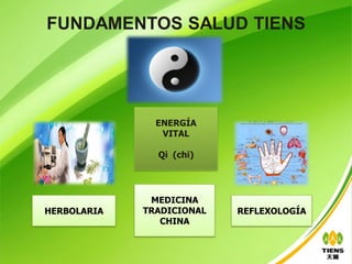 FUNDAMENTOS SALUD TIENS




               ENERGÍA
                VITAL

               Qi (chi)




              MEDICINA
HERBOLARIA   TRADICIONAL   REFLEXOLOGÍA
                CHINA
 