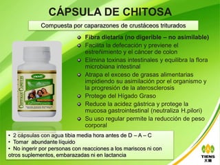 CÁPSULA DE CHITOSA
             Compuesta por caparazones de crustáceos triturados
                               Fibra dietaria (no digerible – no asimilable)
                               Facilita la defecación y previene el
                               estreñimiento y el cáncer de colon
                               Elimina toxinas intestinales y equilibra la flora
                               microbiana intestinal
                               Atrapa el exceso de grasas alimentarias
                               impidiendo su asimilación por el organismo y
                               la progresión de la aterosclerosis
                               Protege del Hígado Graso
                               Reduce la acidez gástrica y protege la
                               mucosa gastrointestinal (neutraliza H.pilori)
                               Su uso regular permite la reducción de peso
                               corporal
• 2 cápsulas con agua tibia media hora antes de D – A – C
• Tomar abundante líquido
• No ingerir por personas con reacciones a los mariscos ni con
otros suplementos, embarazadas ni en lactancia
 