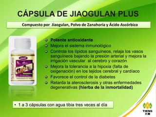 CÁPSULA DE JIAOGULAN PLUS
    Compuesto por Jiaogulan, Polvo de Zanahoria y Ácido Ascórbico


                   Potente antioxidante
                   Mejora el sistema inmunológico
                   Controla los lípidos sanguíneos, relaja los vasos
                   sanguíneos bajando la presión arterial y mejora la
                   irrigación vascular al cerebro y corazón
                   Mejora la tolerancia a la hipoxia (falta de
                   oxigenación) en los tejidos cerebral y cardíaco
                   Favorece el control de la diabetes
                   Retarda la aterosclerosis y otras enfermedades
                   degenerativas (hierba de la inmortalidad)



• 1 a 3 cápsulas con agua tibia tres veces al día
 