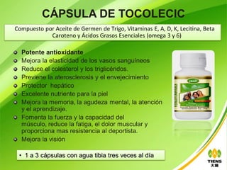 CÁPSULA DE TOCOLECIC
Compuesto por Aceite de Germen de Trigo, Vitaminas E, A, D, K, Lecitina, Beta
            Caroteno y Ácidos Grasos Esenciales (omega 3 y 6)

  Potente antioxidante
  Mejora la elasticidad de los vasos sanguíneos
  Reduce el colesterol y los triglicéridos.
  Previene la aterosclerosis y el envejecimiento
  Protector hepático
  Excelente nutriente para la piel
  Mejora la memoria, la agudeza mental, la atención
  y el aprendizaje.
  Fomenta la fuerza y la capacidad del
  músculo, reduce la fatiga, el dolor muscular y
  proporciona mas resistencia al deportista.
  Mejora la visión

 • 1 a 3 cápsulas con agua tibia tres veces al día
 