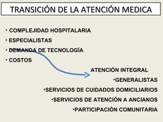 TRANSICIÓN DE LA ATENCIÓN MEDICA COMPLEJIDAD HOSPITALARIA ESPECIALISTAS DEMANDA DE TECNOLOGÍA COSTOS  ATENCIÓN INTEGRAL GENERALISTAS SERVICIOS DE CUIDADOS DOMICILIARIOS SERVICIOS DE ATENCIÓN A ANCIANOS PARTICIPACIÓN COMUNITARIA 